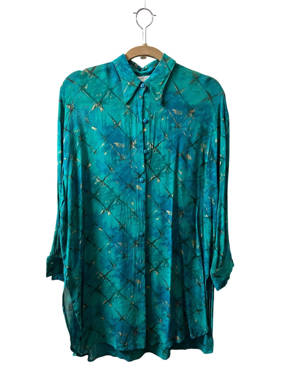 VTG Gottex Made in Israel Teal & Gold Metallic Diamond Oversized Tunic M/L